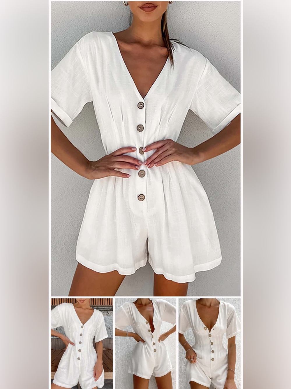 Commense White Linen-Look Button-Down Romper Size L